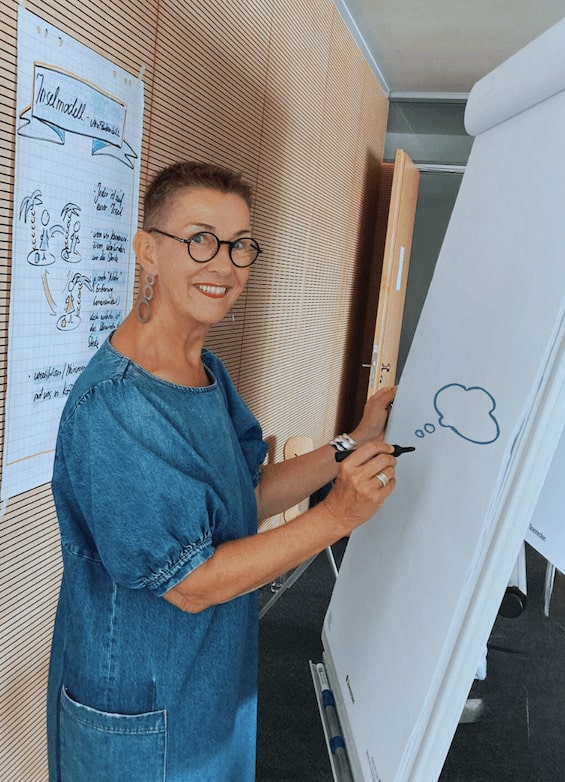 Elke Schulz zeichnet lächelnd an einem Flipchart.