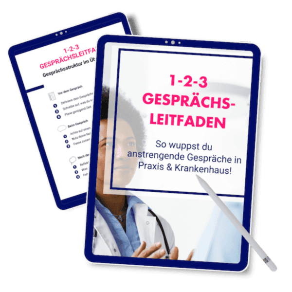 Mockup: Tablett mit geöffnetem PDF, auf dessen Titelbild '1-2-3 Gesprächsleitfaden' zu sehen ist. Darunter hervorscheinend eine weitere Vorschau einer PDF-Seite mit Listenpunkten.